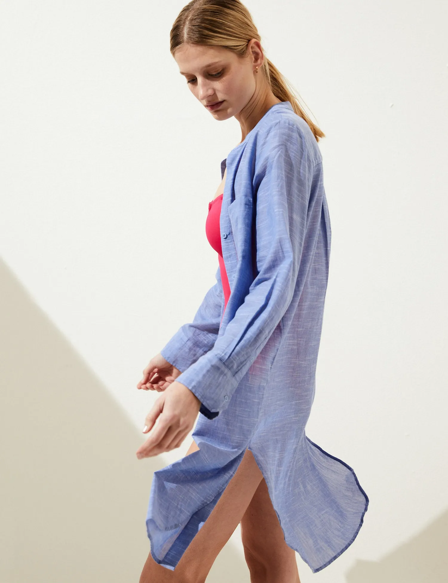 Pure Cotton Collarless Beach Cover Up Shirt