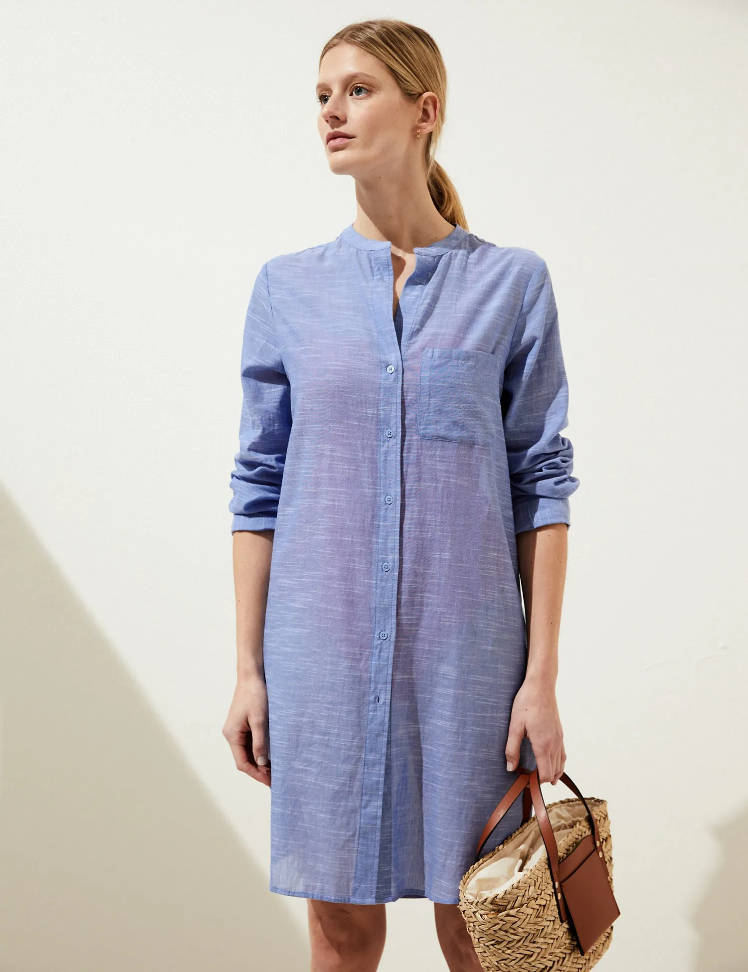 Pure Cotton Collarless Beach Cover Up Shirt