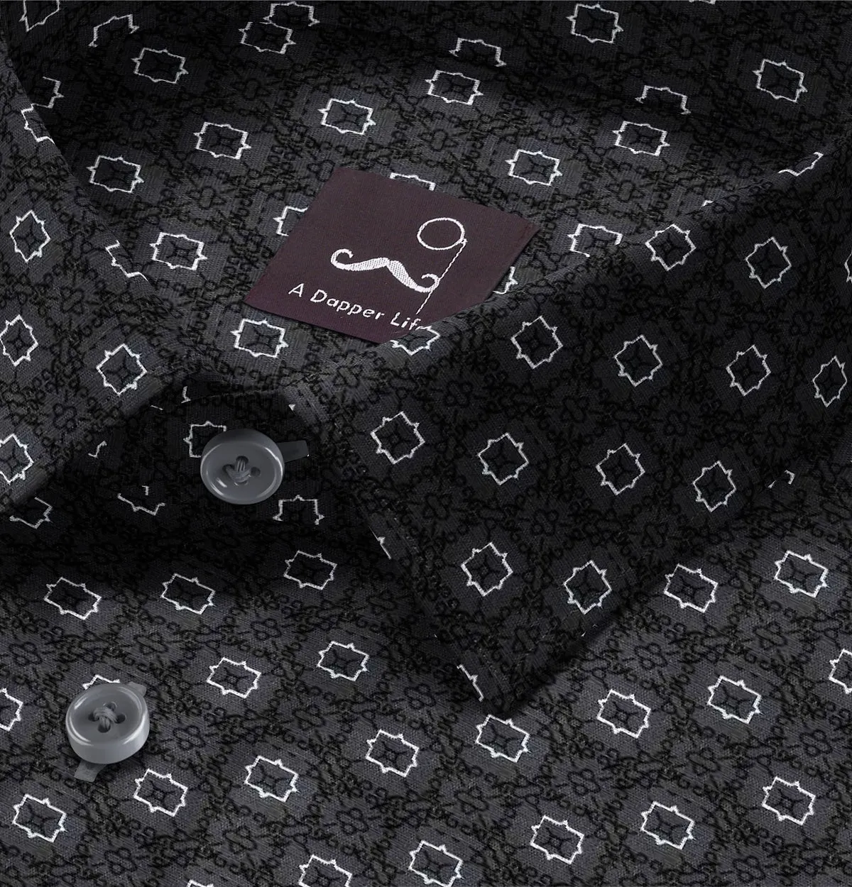 Pure Cotton - Semi-Spread Collar - Short Sleeve - Dark Gray Floral Maze