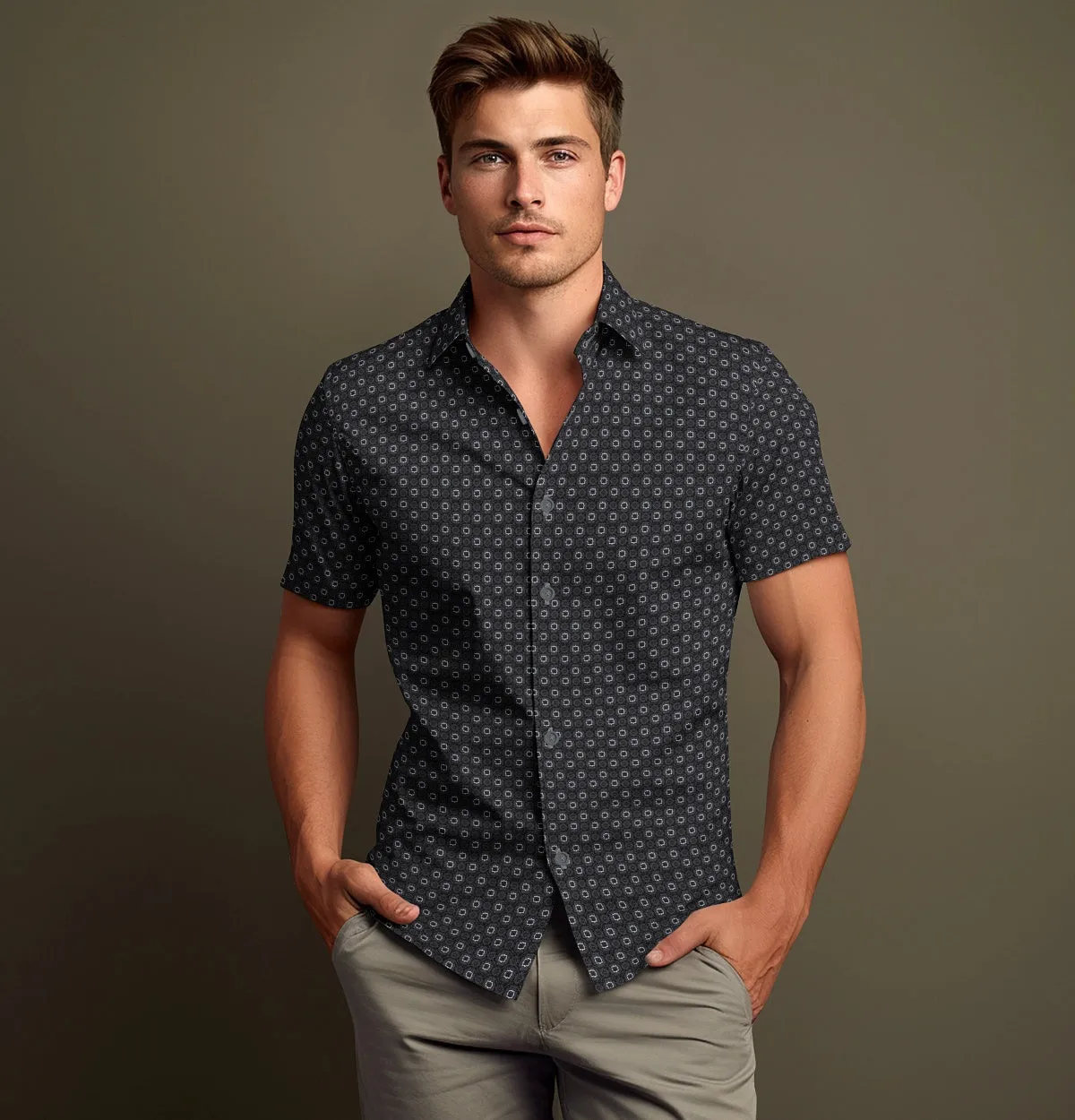 Pure Cotton - Semi-Spread Collar - Short Sleeve - Dark Gray Floral Maze