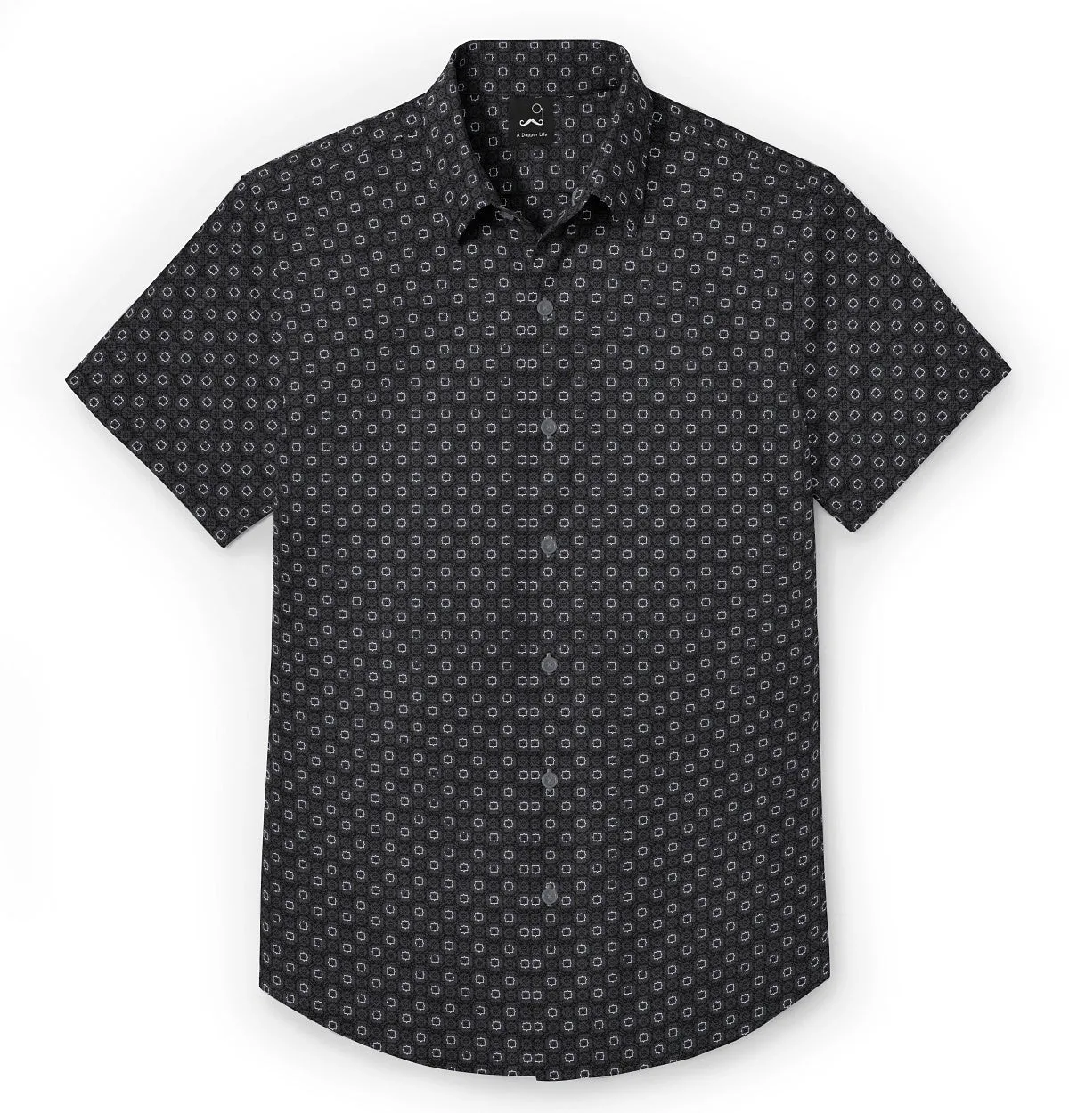 Pure Cotton - Semi-Spread Collar - Short Sleeve - Dark Gray Floral Maze