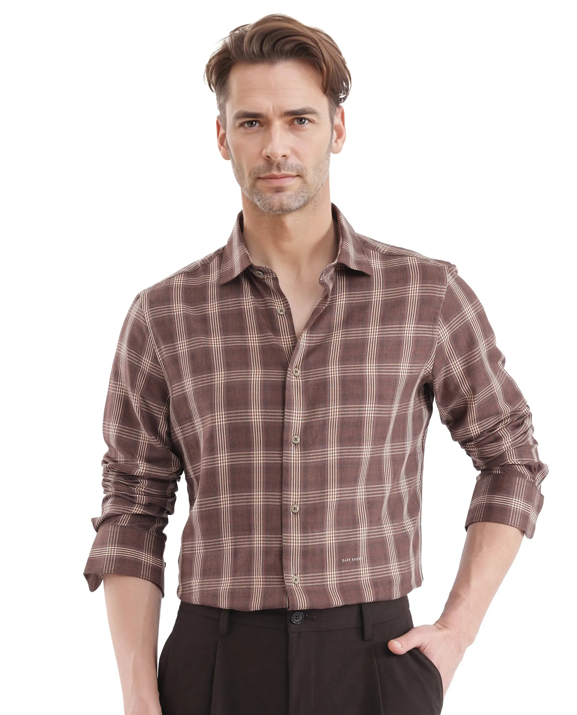 Rare Rabbit  Men's Polaz Brown Cotton Fabric Full Sleeve Regular Fit Checks Shirt