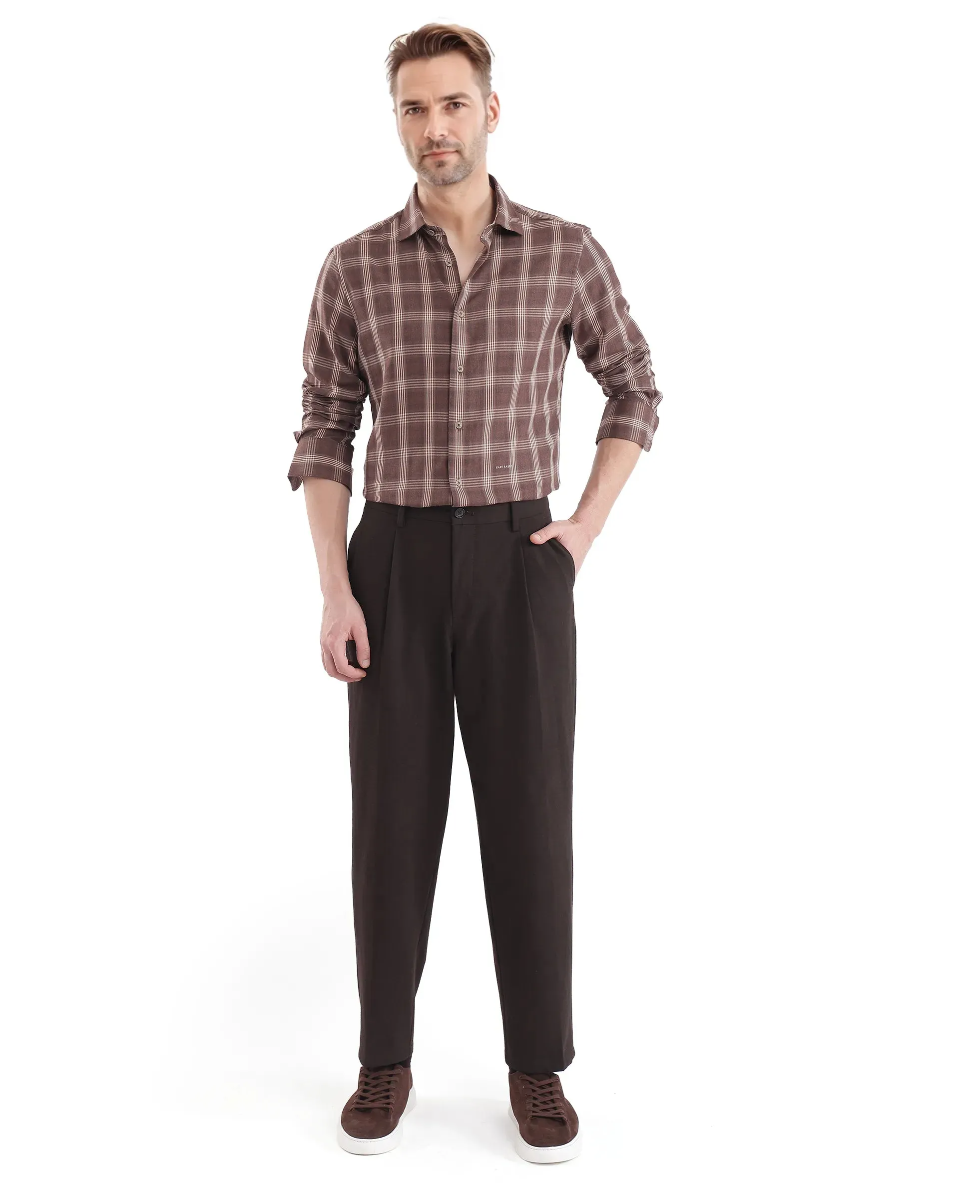 Rare Rabbit  Men's Polaz Brown Cotton Fabric Full Sleeve Regular Fit Checks Shirt