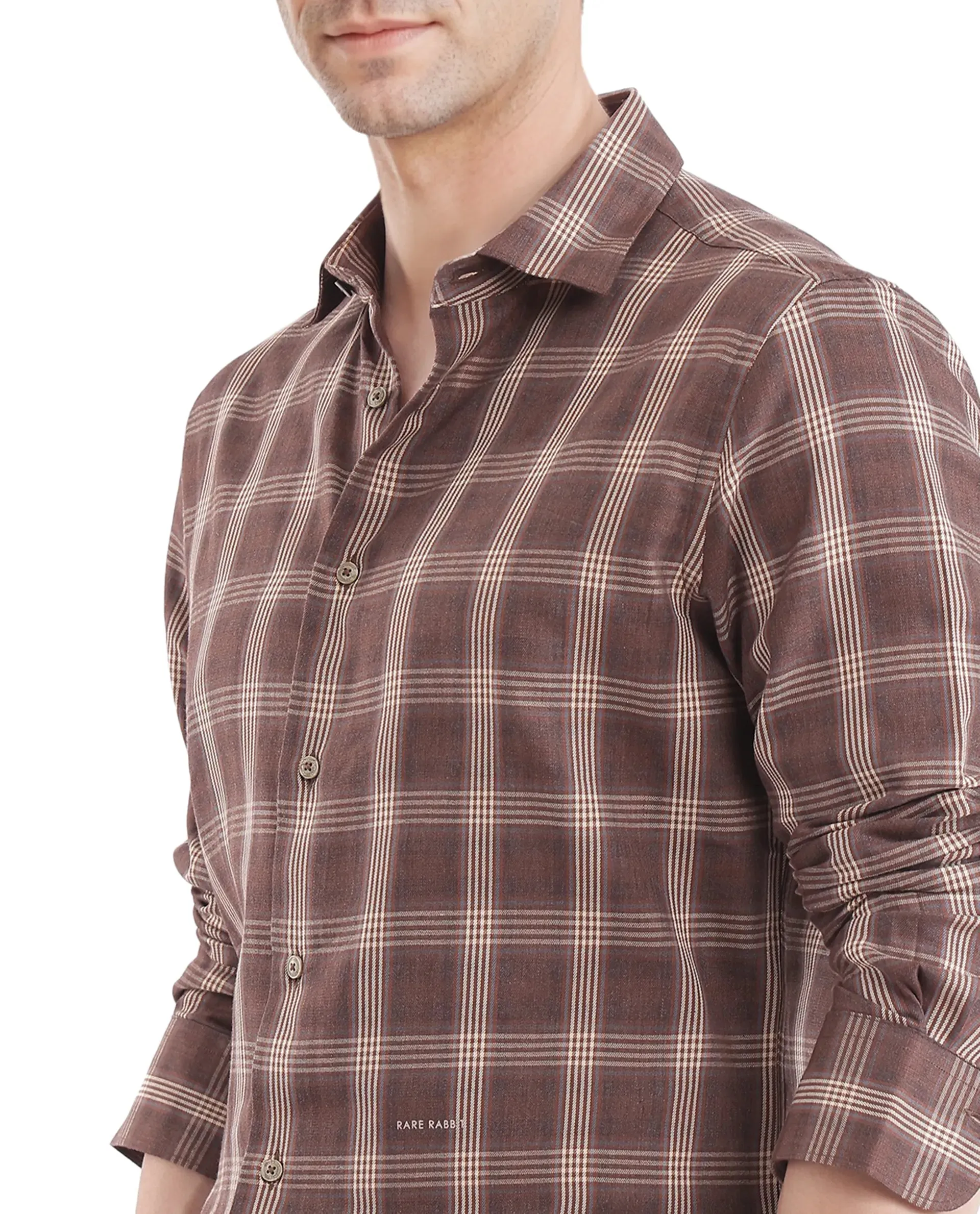 Rare Rabbit  Men's Polaz Brown Cotton Fabric Full Sleeve Regular Fit Checks Shirt