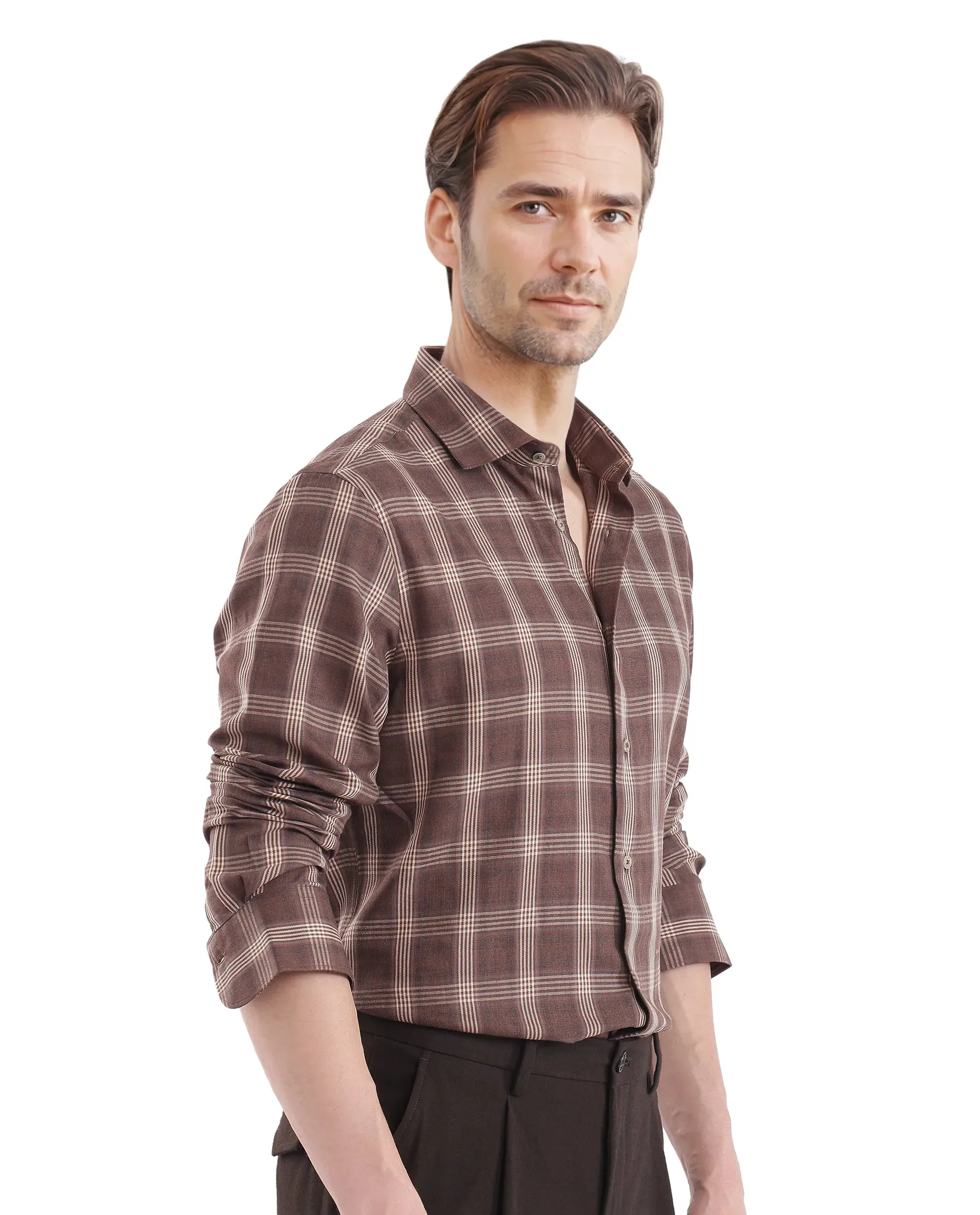 Rare Rabbit  Men's Polaz Brown Cotton Fabric Full Sleeve Regular Fit Checks Shirt