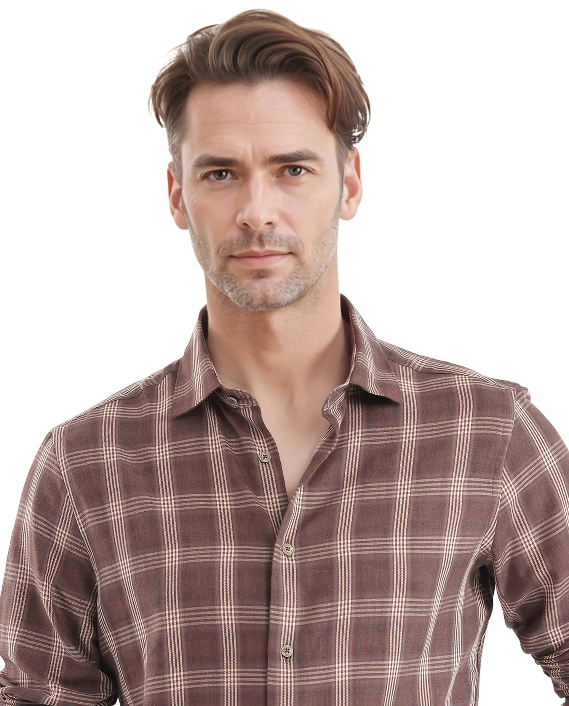 Rare Rabbit  Men's Polaz Brown Cotton Fabric Full Sleeve Regular Fit Checks Shirt