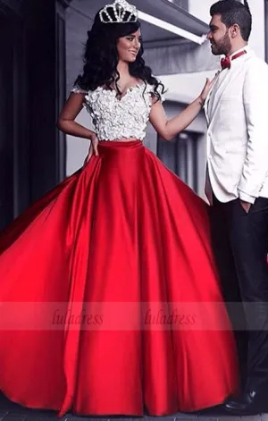 Red applique two pieces long prom dress, red formal dress for teens
