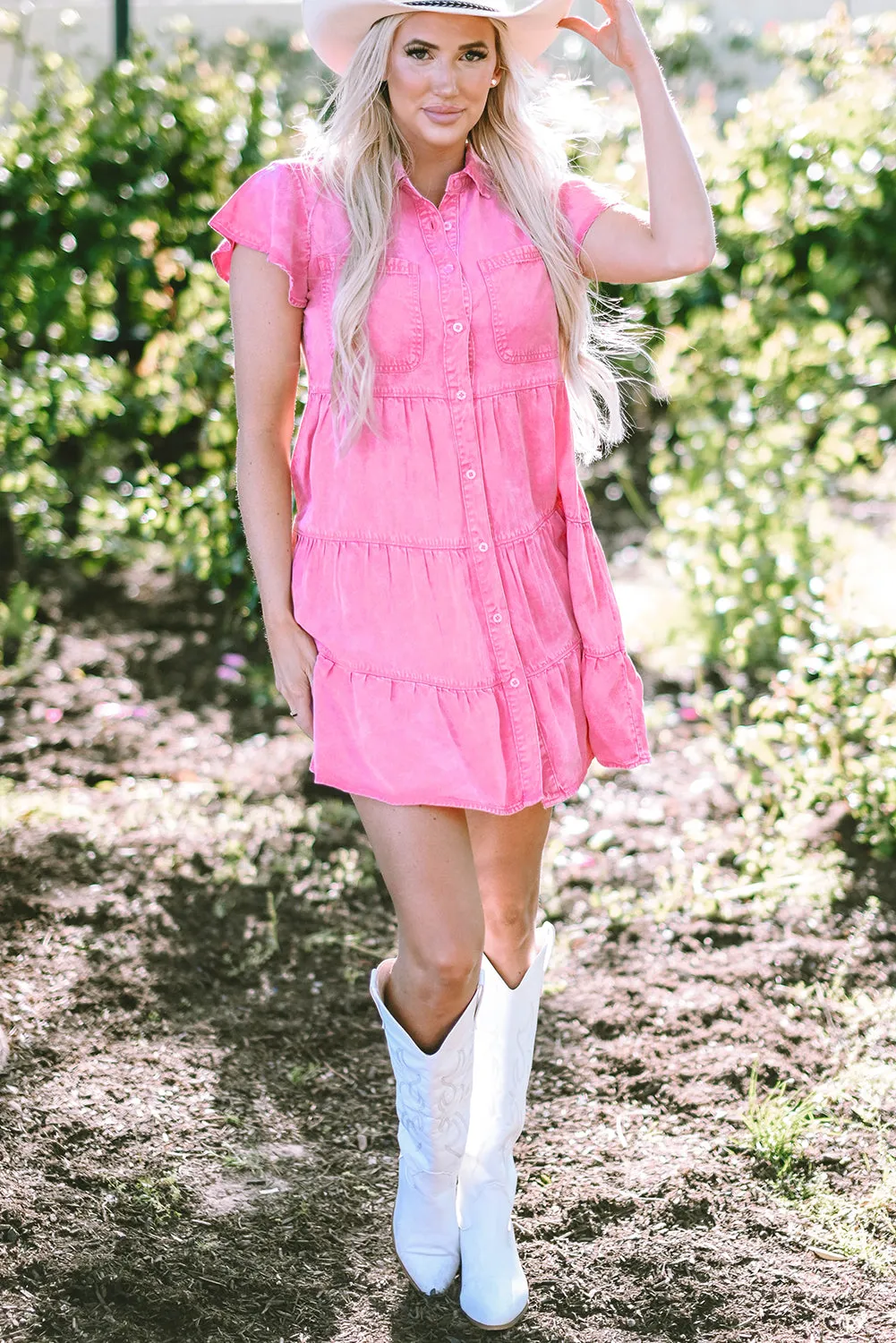 Short Sleeve Button-down Denim Jean Dress