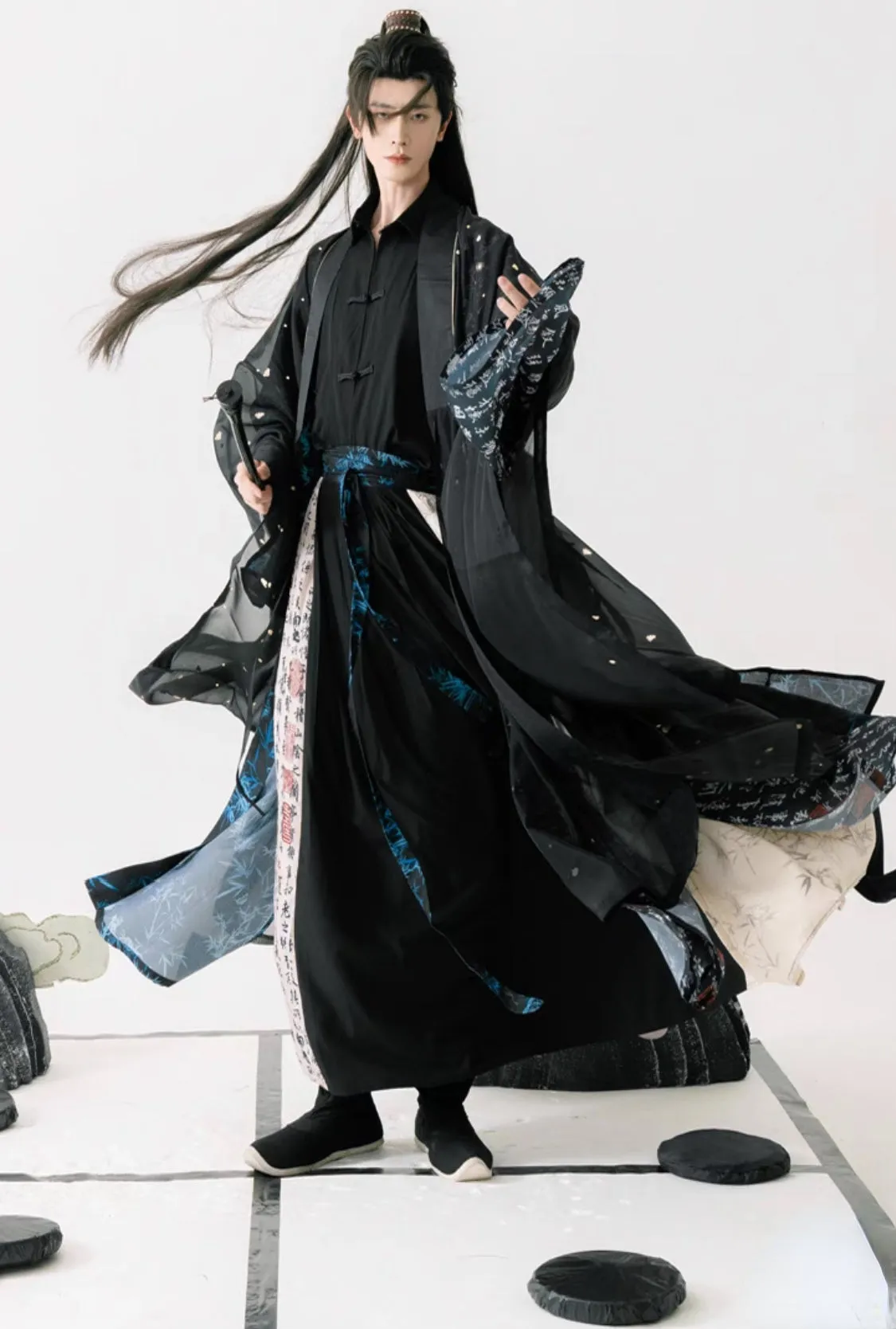 Song Dynasty | Calligraphy Hanfu Men's Cloak Large Sleeve Shirt Black Suit