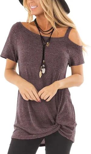 TEMOFON Women Cold Shoulder Tops: Summer Short Sleeve Shirts Casual Twist Knot Blouse T-Shirt S-2XL