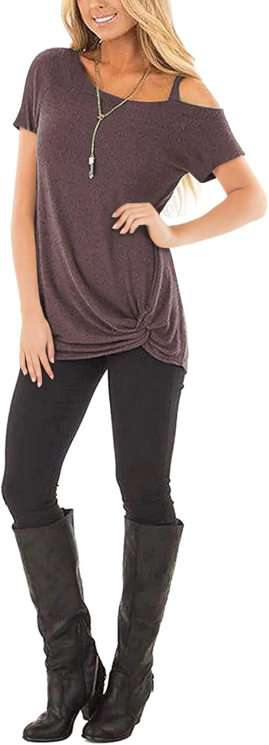 TEMOFON Women Cold Shoulder Tops: Summer Short Sleeve Shirts Casual Twist Knot Blouse T-Shirt S-2XL