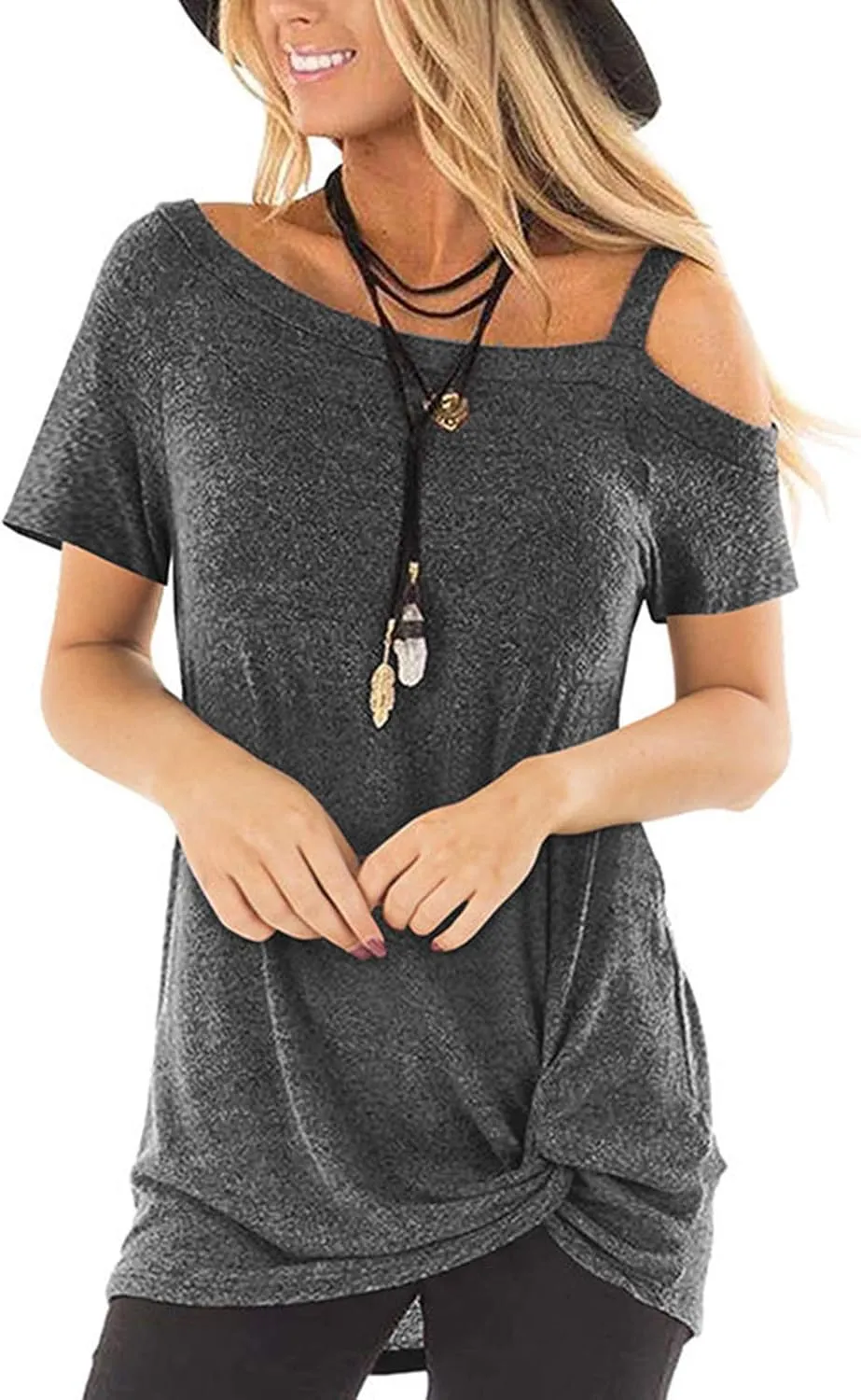 TEMOFON Women Cold Shoulder Tops: Summer Short Sleeve Shirts Casual Twist Knot Blouse T-Shirt S-2XL