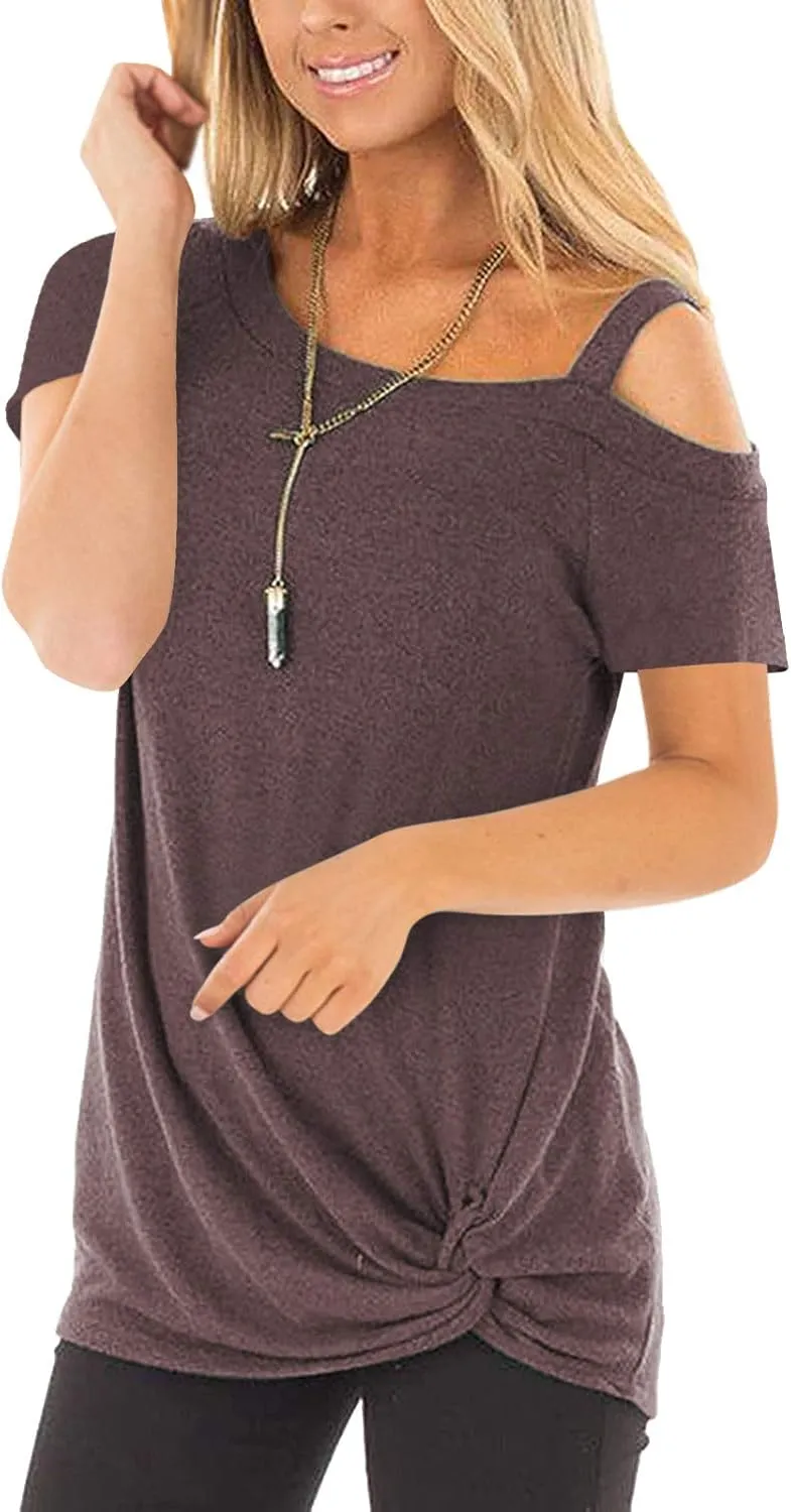 TEMOFON Women Cold Shoulder Tops: Summer Short Sleeve Shirts Casual Twist Knot Blouse T-Shirt S-2XL