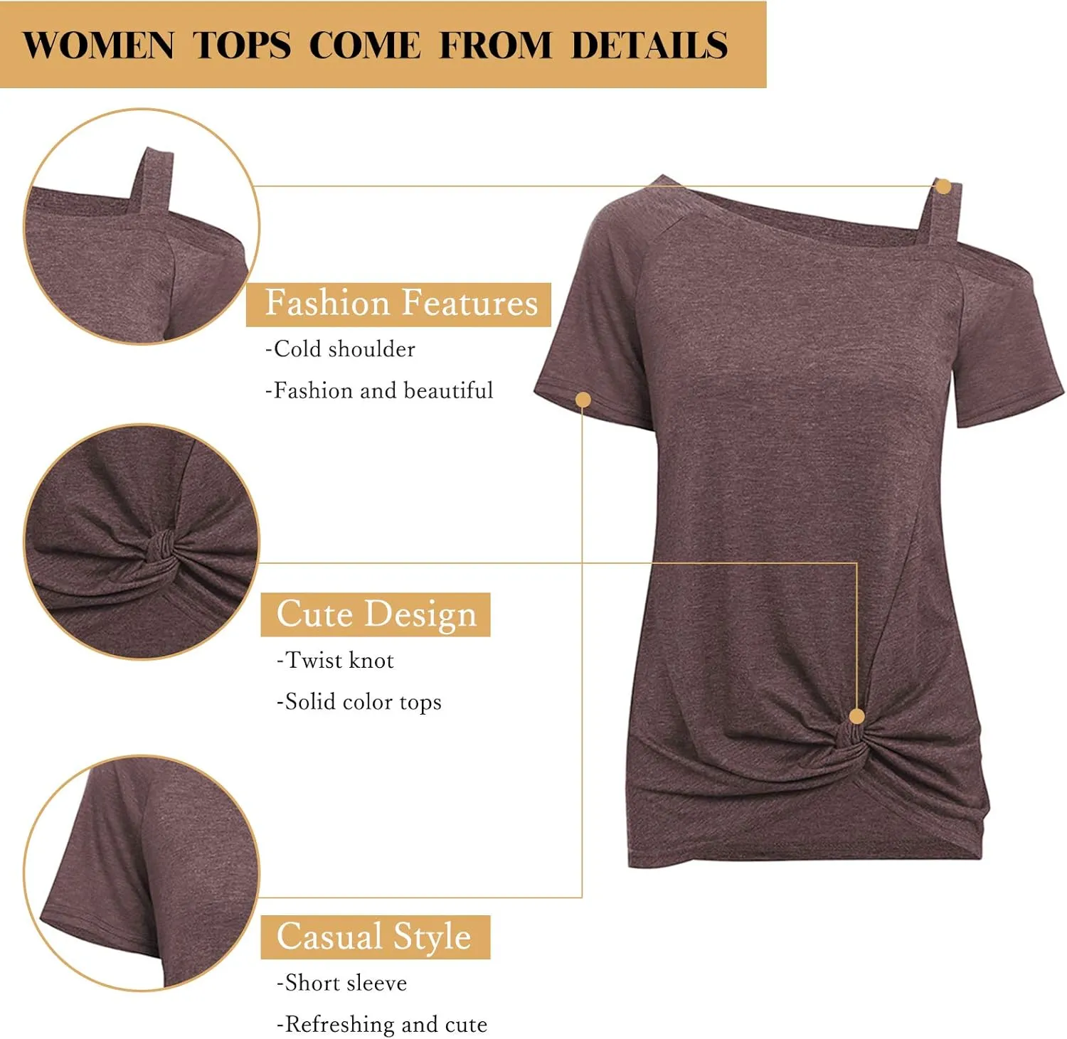 TEMOFON Women Cold Shoulder Tops: Summer Short Sleeve Shirts Casual Twist Knot Blouse T-Shirt S-2XL