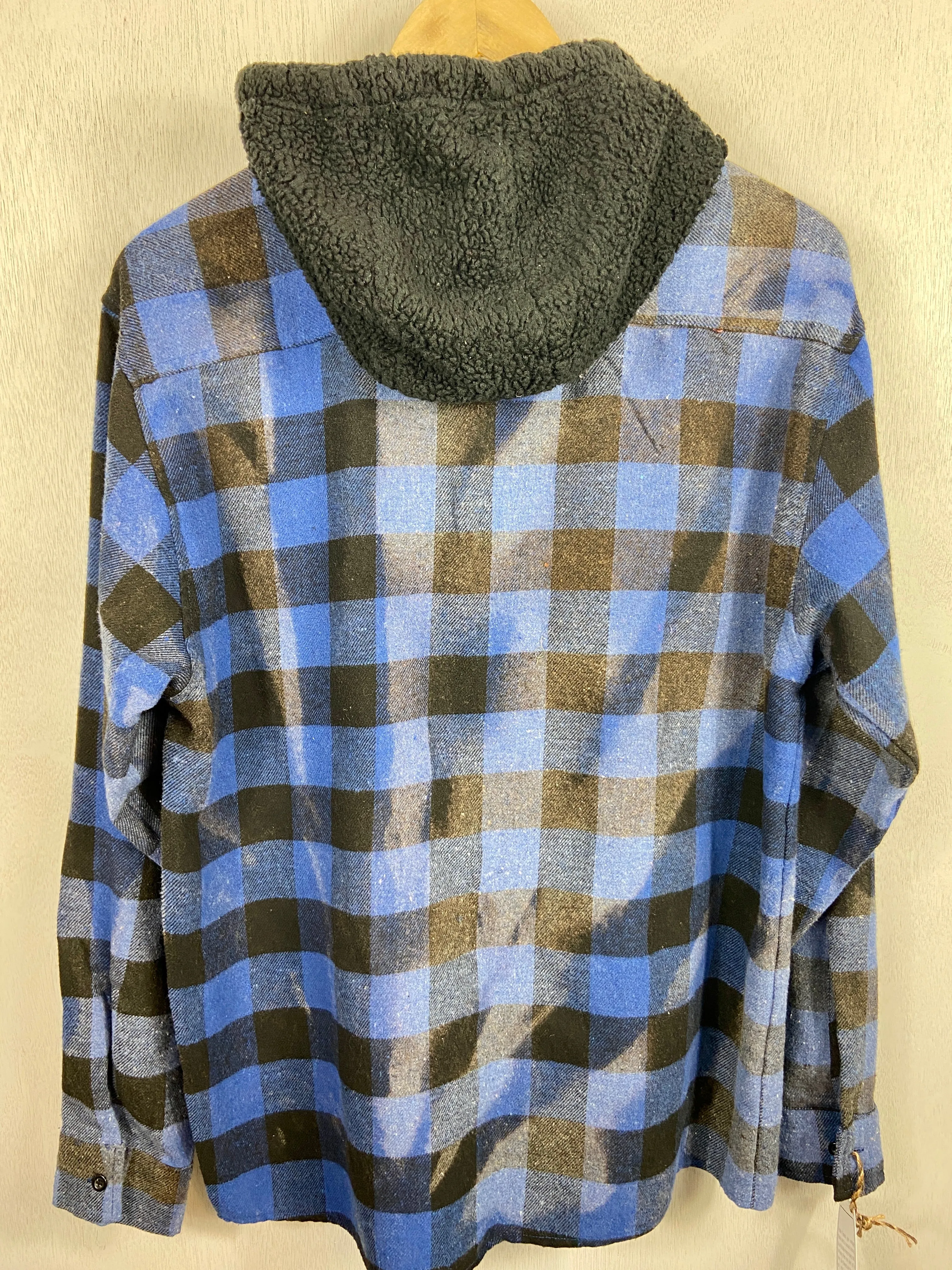 Vintage Royal Blue and Black Flannel Hoodie Size Medium