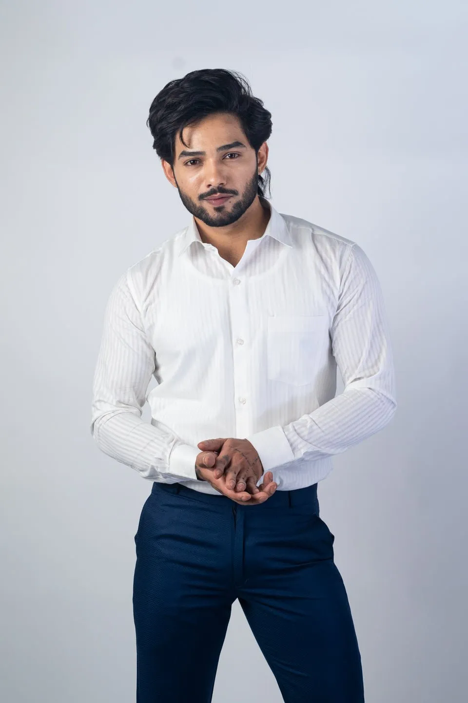 White Color vertical Cotton stripe Shirt For Men