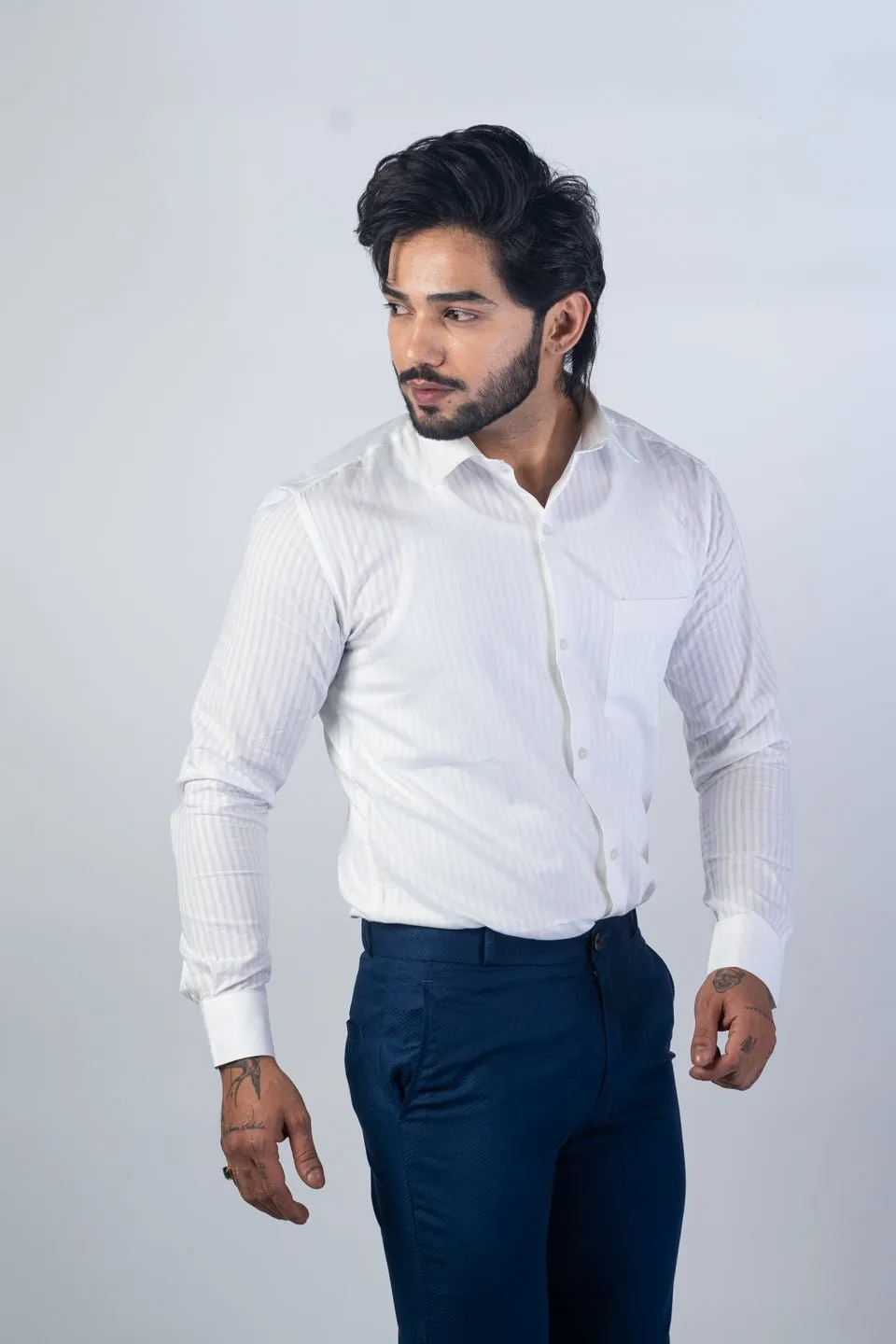 White Color vertical Cotton stripe Shirt For Men