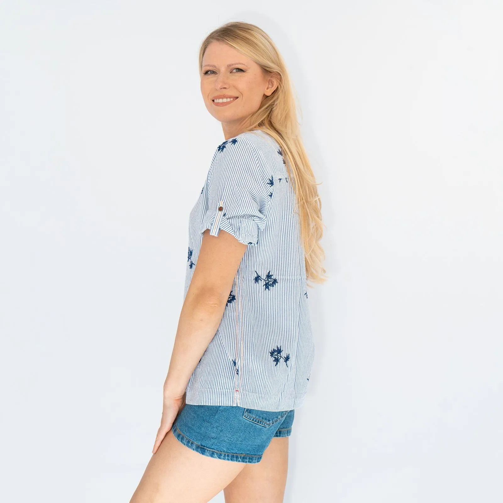 White Stuff Pure Cotton Stripe Floral Embroidered Shirts