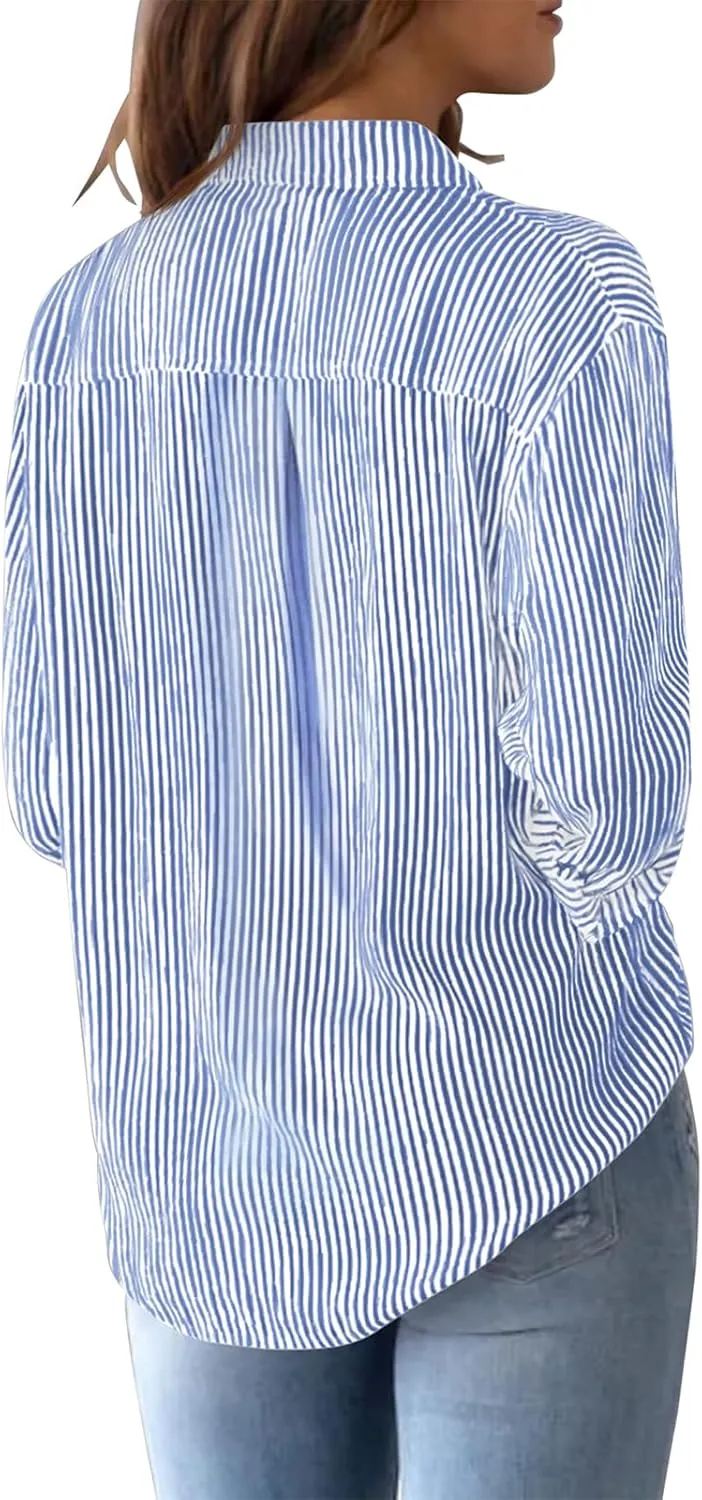 Womens Button Down Shirts Cotton Striped Dress Shirts Long Sleeve Button Up Collared Office Work Blouses Tops