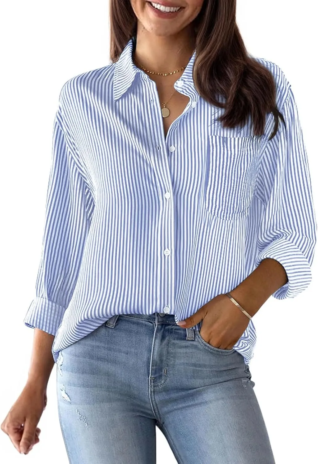Womens Button Down Shirts Cotton Striped Dress Shirts Long Sleeve Button Up Collared Office Work Blouses Tops