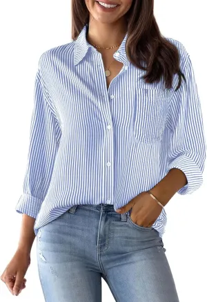 Womens Button Down Shirts Cotton Striped Dress Shirts Long Sleeve Button Up Collared Office Work Blouses Tops