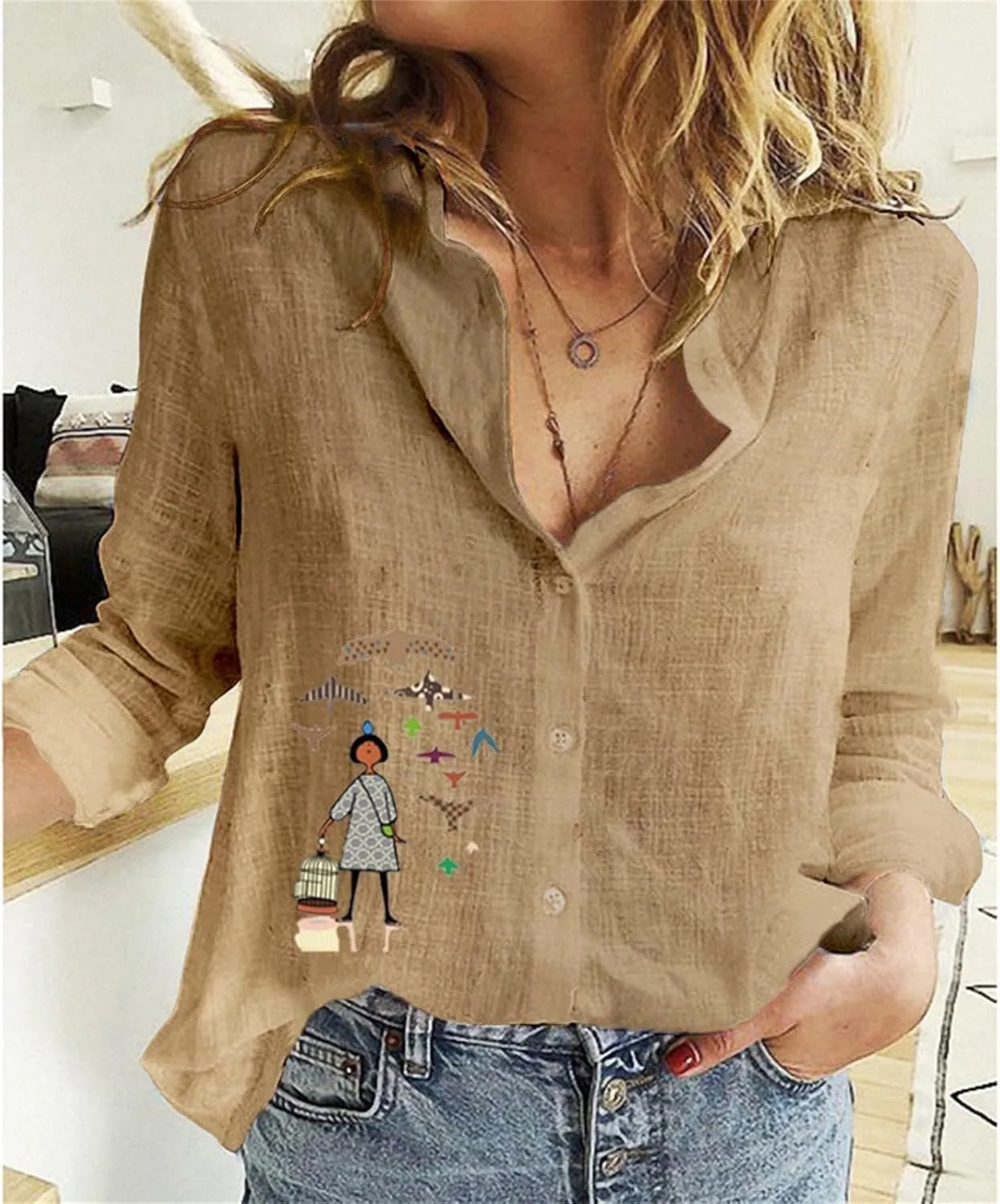 Womens Button Down Shirts Linen Casual Long Sleeve Loose Shirt Tops Bathing Suit Cover Up Cotton Blouses for Women