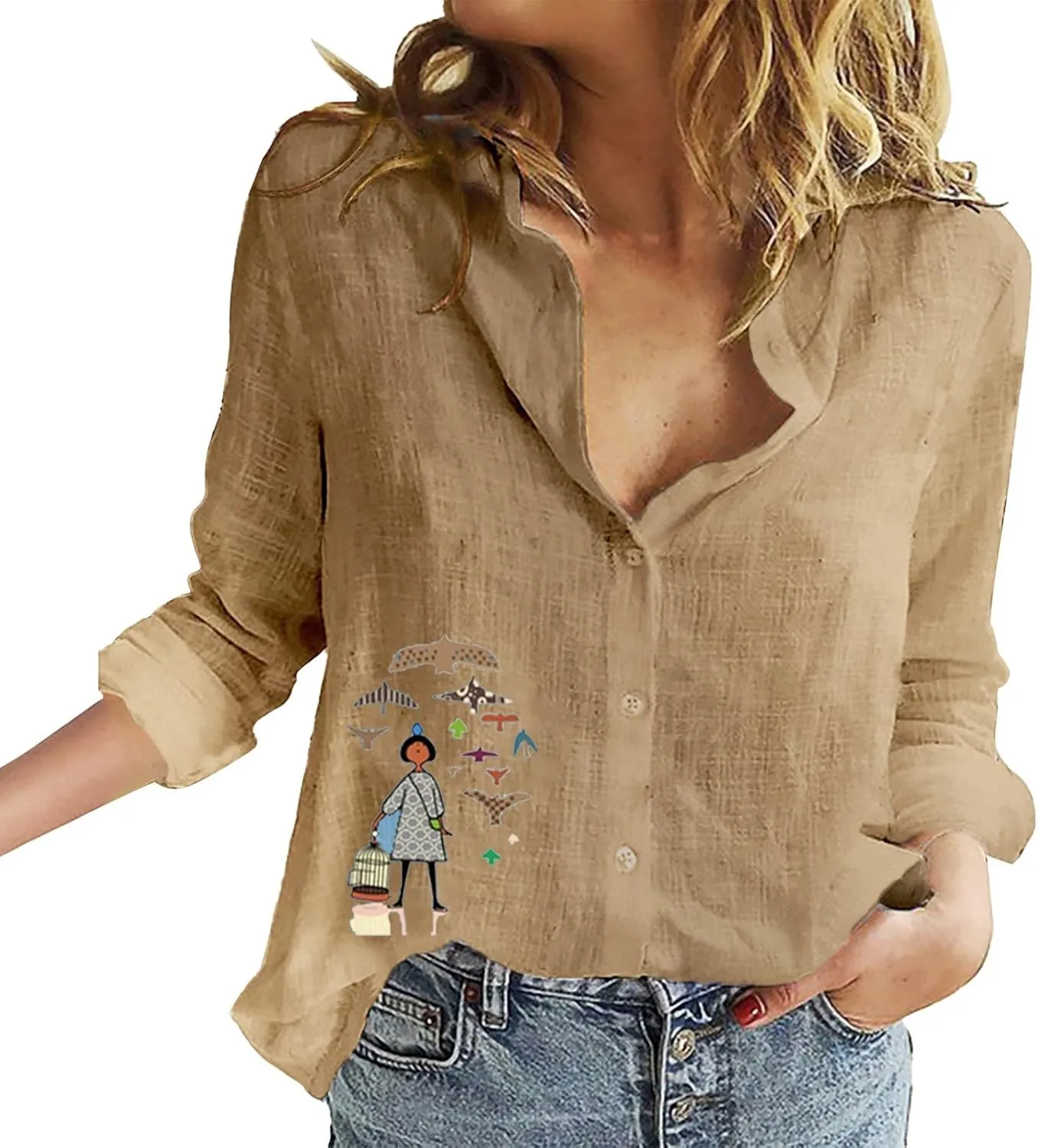 Womens Button Down Shirts Linen Casual Long Sleeve Loose Shirt Tops Bathing Suit Cover Up Cotton Blouses for Women