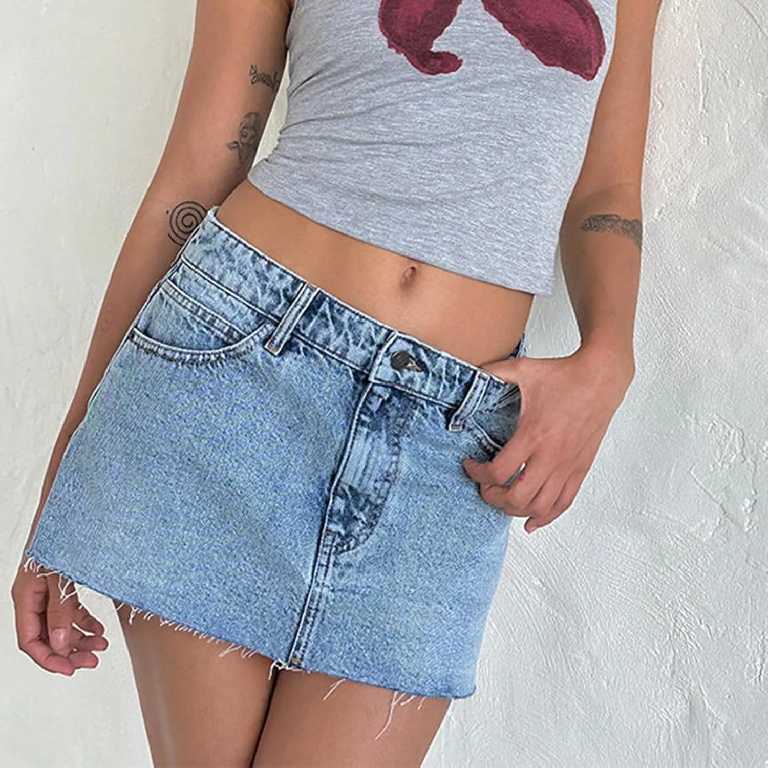 Womens Denim Mini Skirt Raw Hem Plain Jean Short Skirt Slim Fit Aline Button Front Straight Bodycon Cargo Skirt