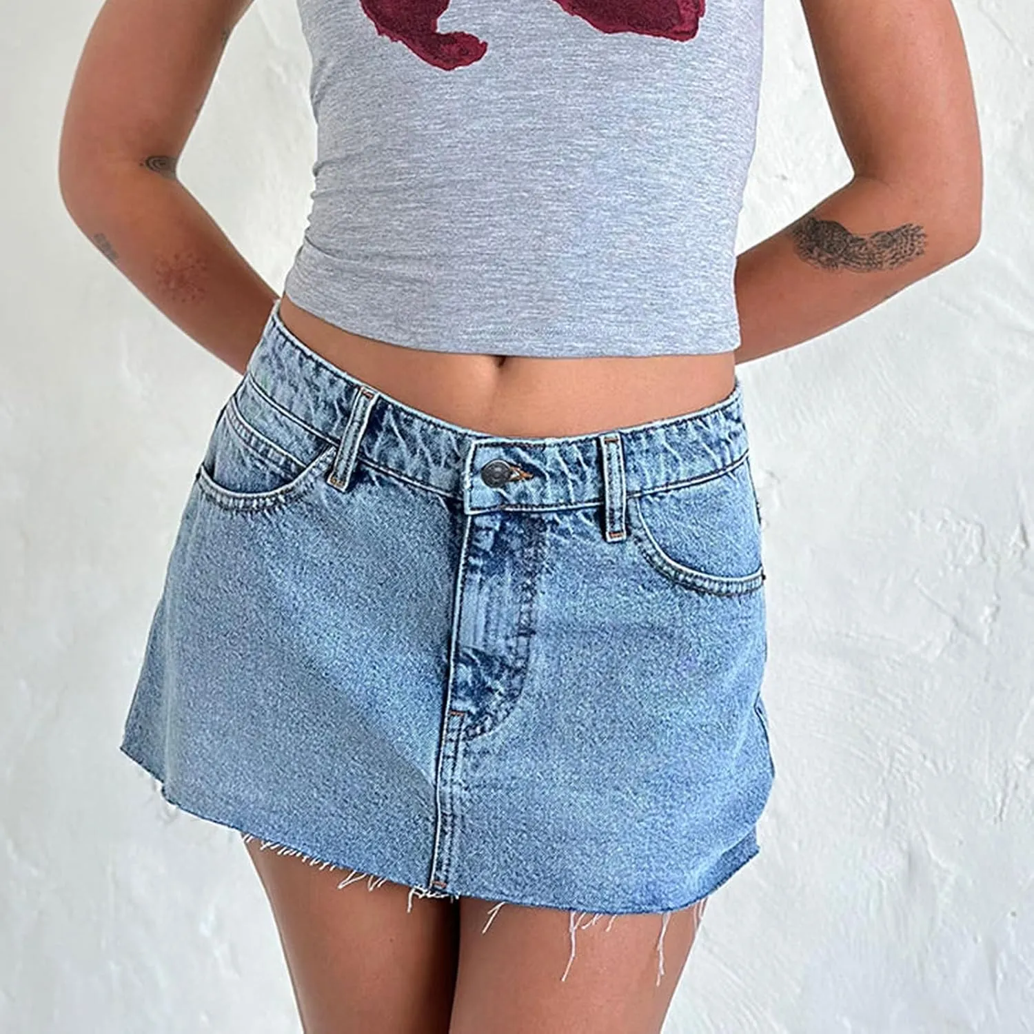 Womens Denim Mini Skirt Raw Hem Plain Jean Short Skirt Slim Fit Aline Button Front Straight Bodycon Cargo Skirt